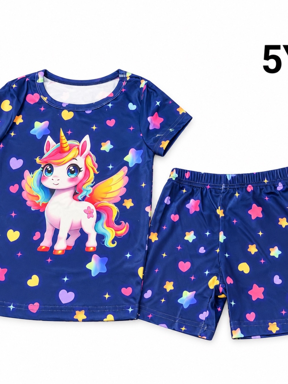 SHEIN Navy Rainbow Unicorn & Heart Star Kids Pajama Set